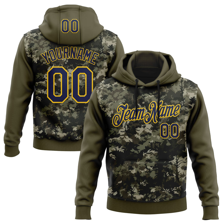 Custom Stitched Olive Navy-Yellow 3D Pattern Design Tree Camo Hunting Sports Pullover Sweatshirt Salute To Service Hoodie