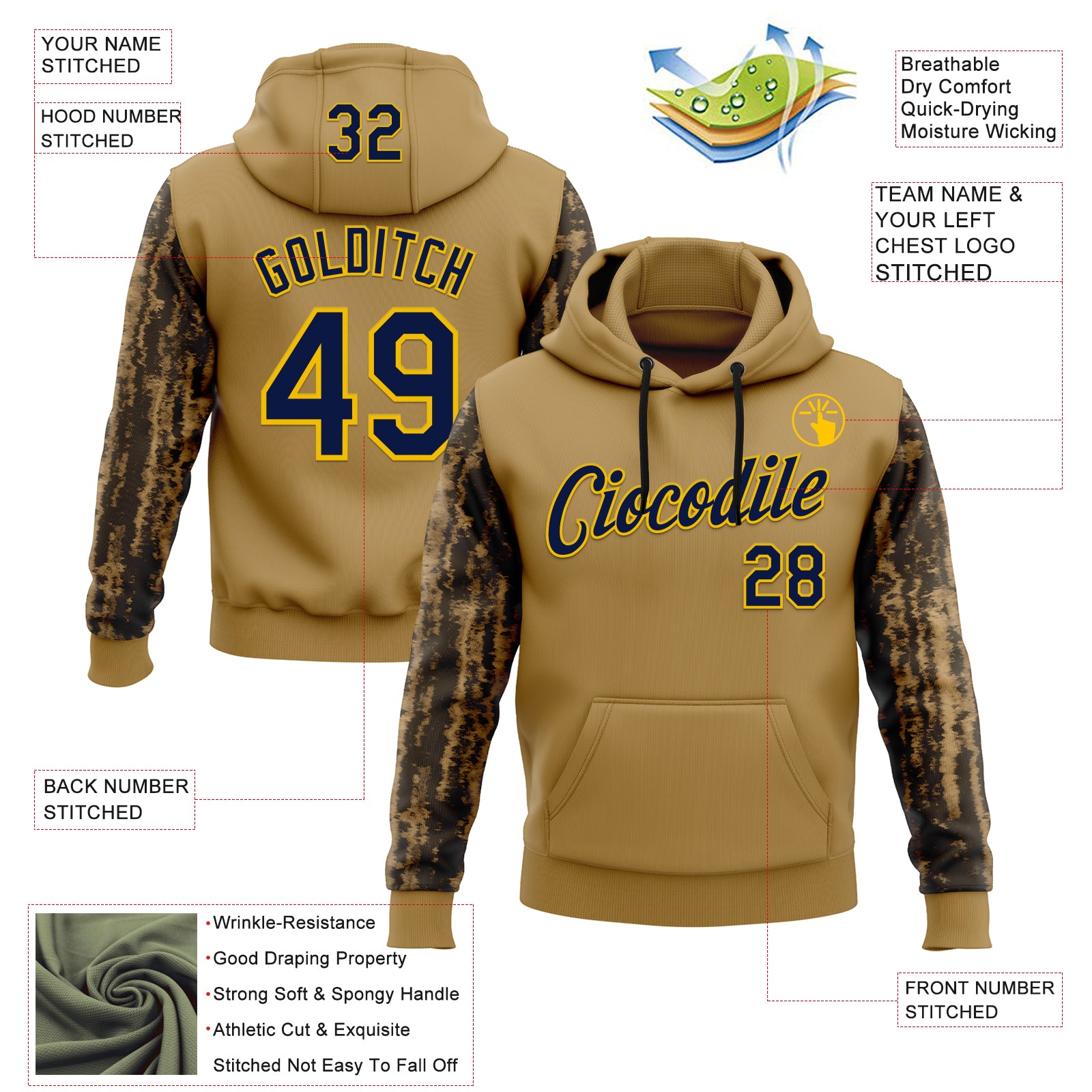 Custom Stitched Old Gold Navy-Yellow 3D Pattern Design Tree Camo Hunting Sports Pullover Sweatshirt Hoodie
