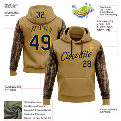 Custom Stitched Old Gold Navy-Yellow 3D Pattern Design Tree Camo Hunting Sports Pullover Sweatshirt Hoodie