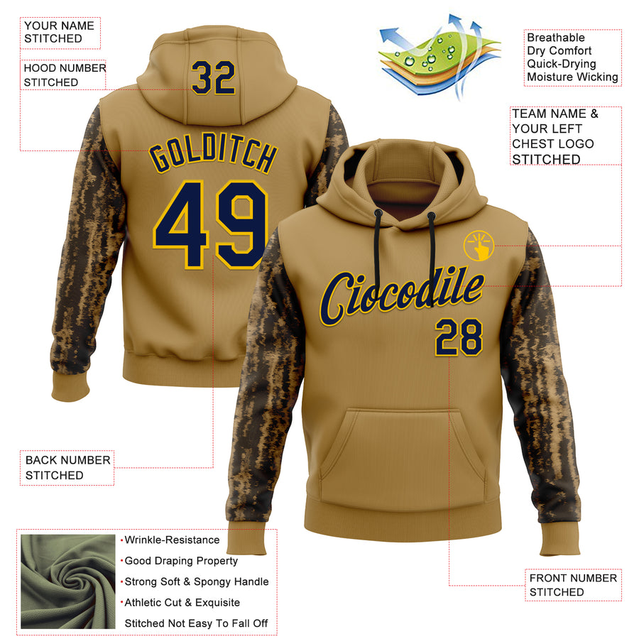 Custom Stitched Old Gold Navy-Yellow 3D Pattern Design Tree Camo Hunting Sports Pullover Sweatshirt Hoodie