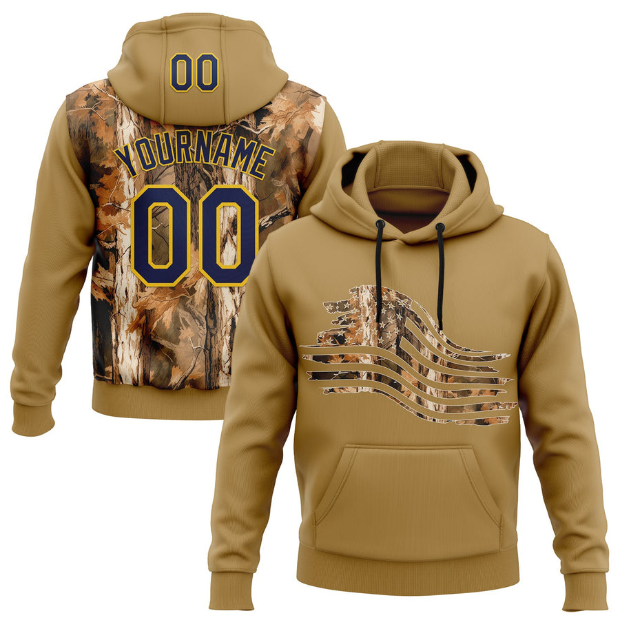 Custom Stitched Old Gold Navy-Yellow 3D Pattern Design Tree Camo American Flag Hunting Sports Pullover Sweatshirt Hoodie