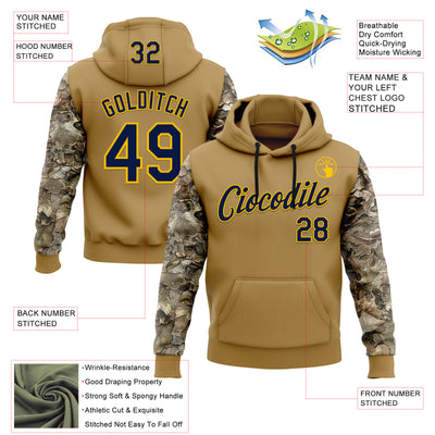 Custom Stitched Old Gold Navy-Yellow 3D Pattern Design Tree Camo Hunting Sports Pullover Sweatshirt Hoodie