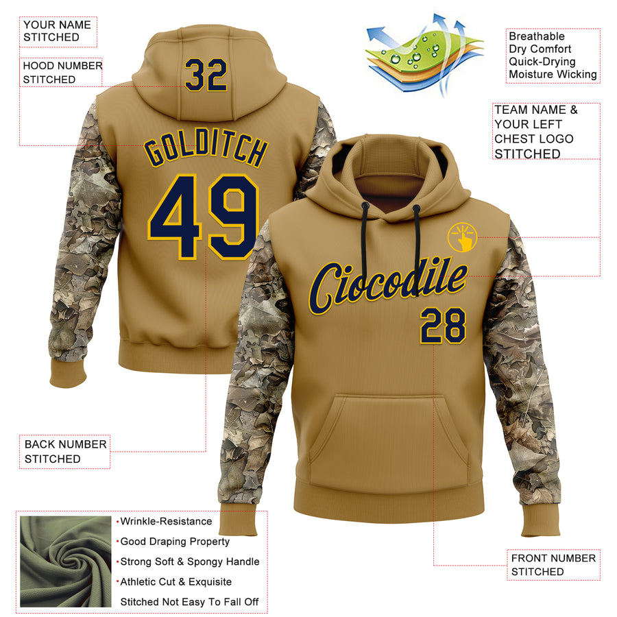 Custom Stitched Old Gold Navy-Yellow 3D Pattern Design Tree Camo Hunting Sports Pullover Sweatshirt Hoodie