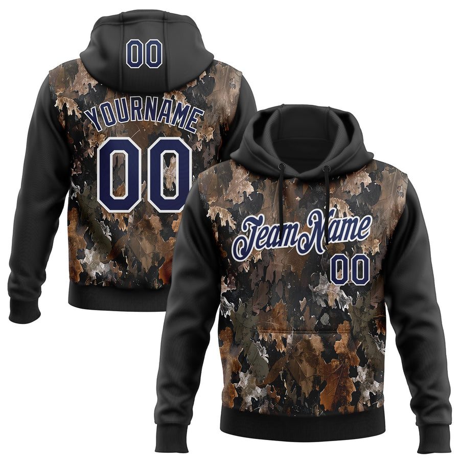 Custom Stitched Black Navy-White 3D Pattern Design Tree Camo Hunting Sports Pullover Sweatshirt Hoodie