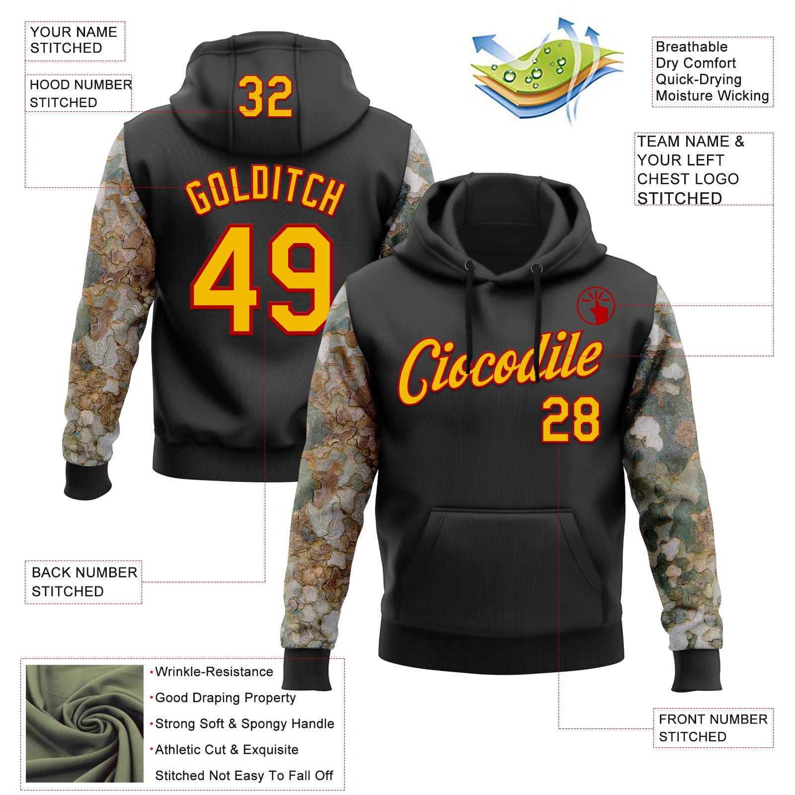 Custom Stitched Black Yellow-Red 3D Pattern Design Tree Camo Hunting Sports Pullover Sweatshirt Hoodie