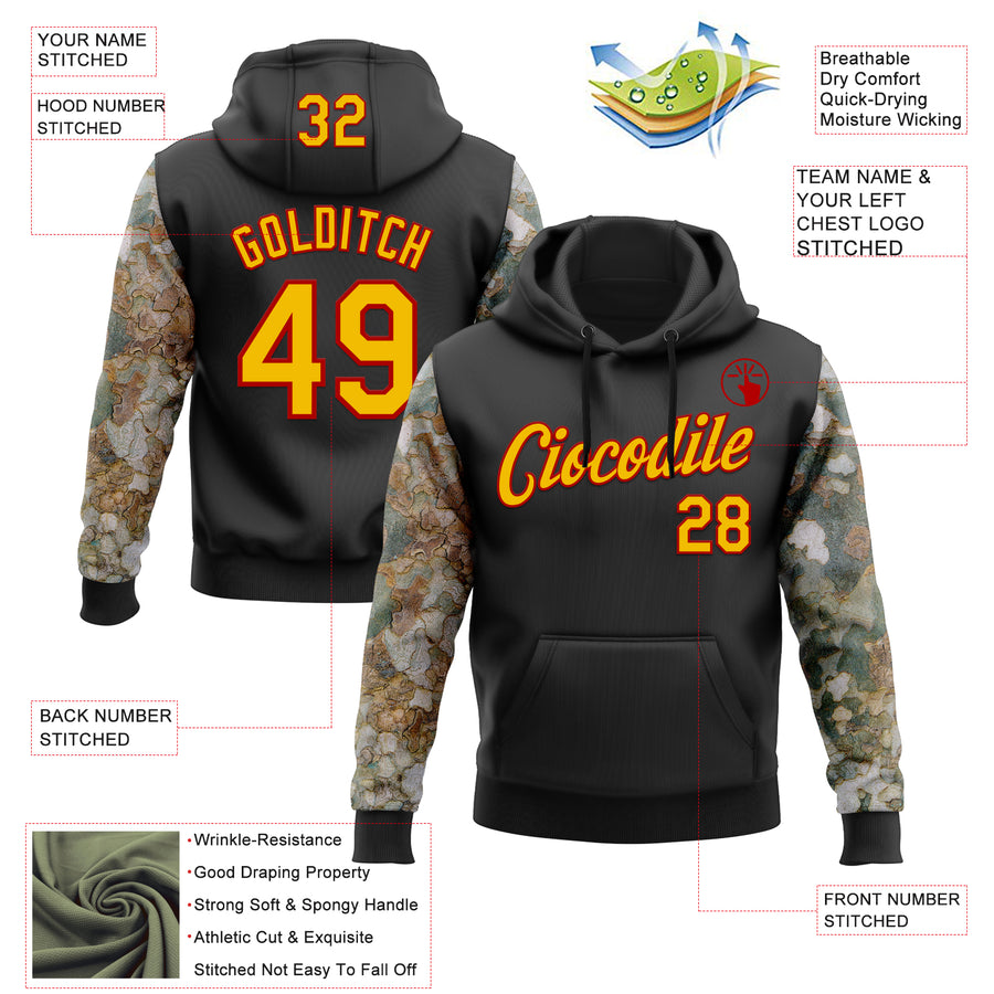 Custom Stitched Black Yellow-Red 3D Pattern Design Tree Camo Hunting Sports Pullover Sweatshirt Hoodie