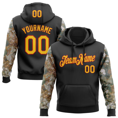 Custom Stitched Black Yellow-Red 3D Pattern Design Tree Camo Hunting Sports Pullover Sweatshirt Hoodie