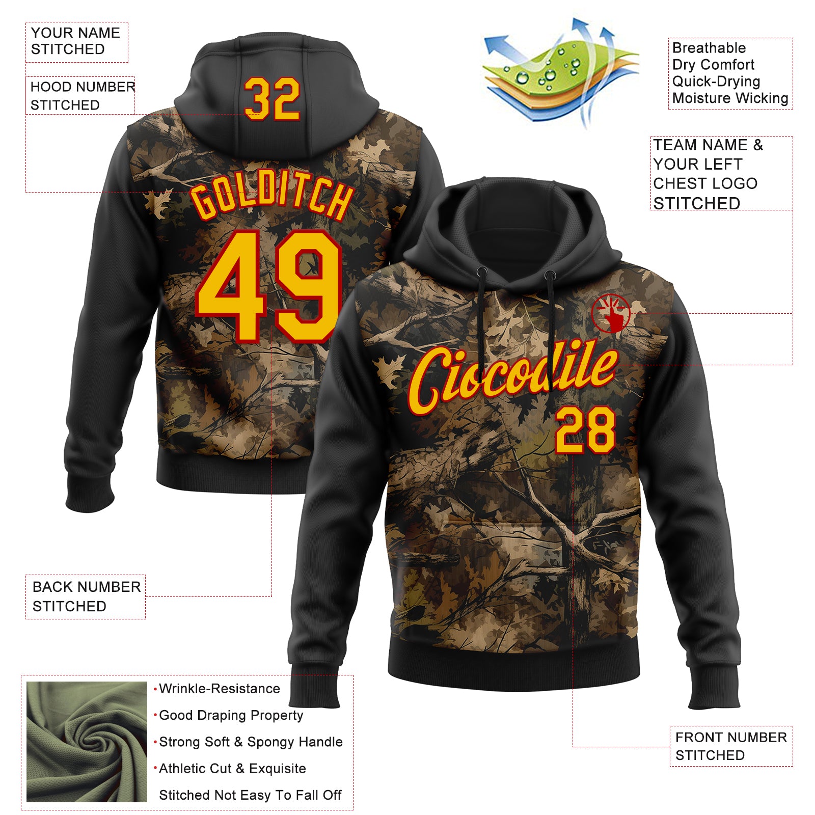 Custom Stitched Black Yellow-Red 3D Pattern Design Tree Camo Hunting Sports Pullover Sweatshirt Hoodie