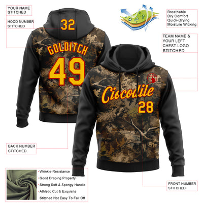 Custom Stitched Black Yellow-Red 3D Pattern Design Tree Camo Hunting Sports Pullover Sweatshirt Hoodie