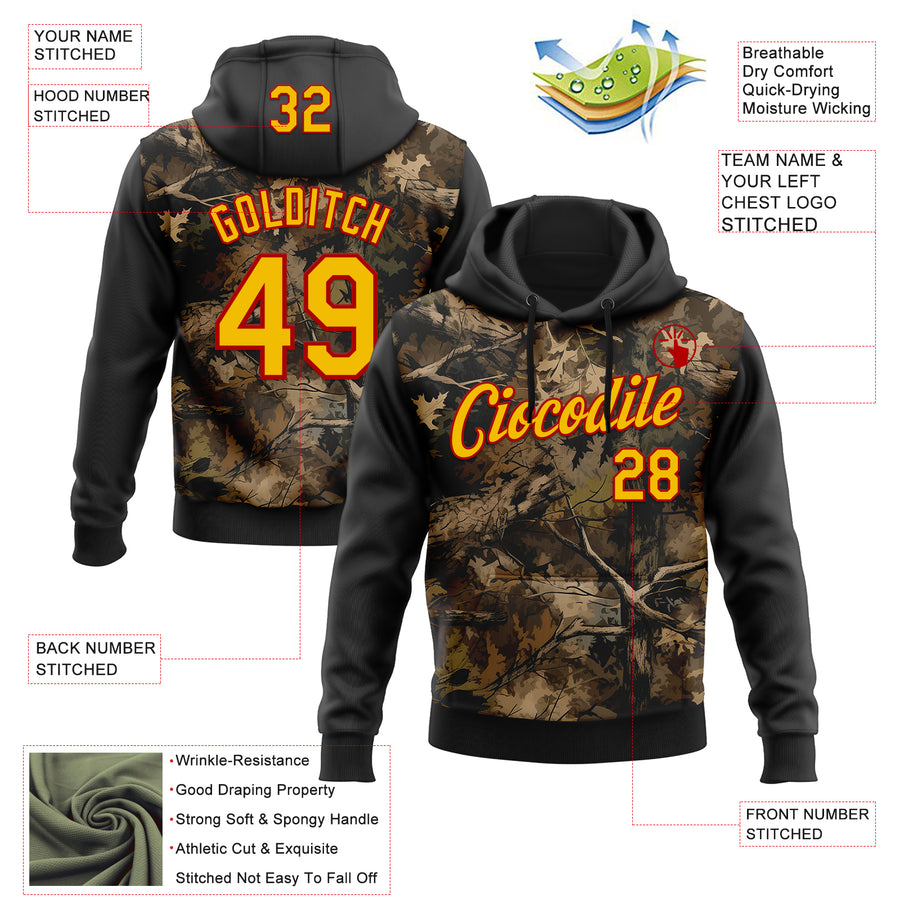 Custom Stitched Black Yellow-Red 3D Pattern Design Tree Camo Hunting Sports Pullover Sweatshirt Hoodie