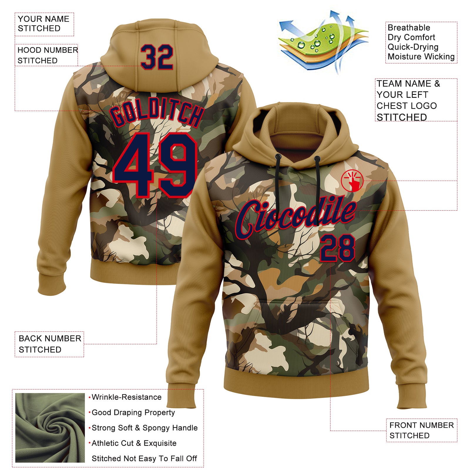 Custom Stitched Old Gold Navy-Fire Red 3D Pattern Design Tree Camo Hunting Sports Pullover Sweatshirt Hoodie