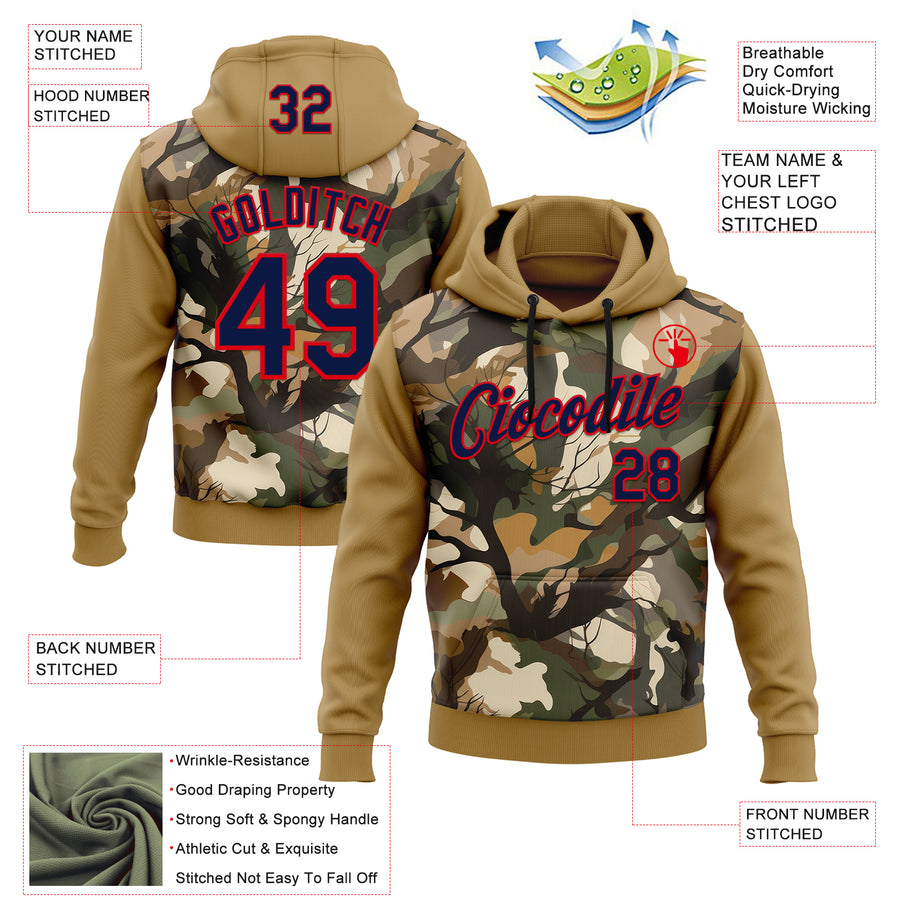 Custom Stitched Old Gold Navy-Fire Red 3D Pattern Design Tree Camo Hunting Sports Pullover Sweatshirt Hoodie