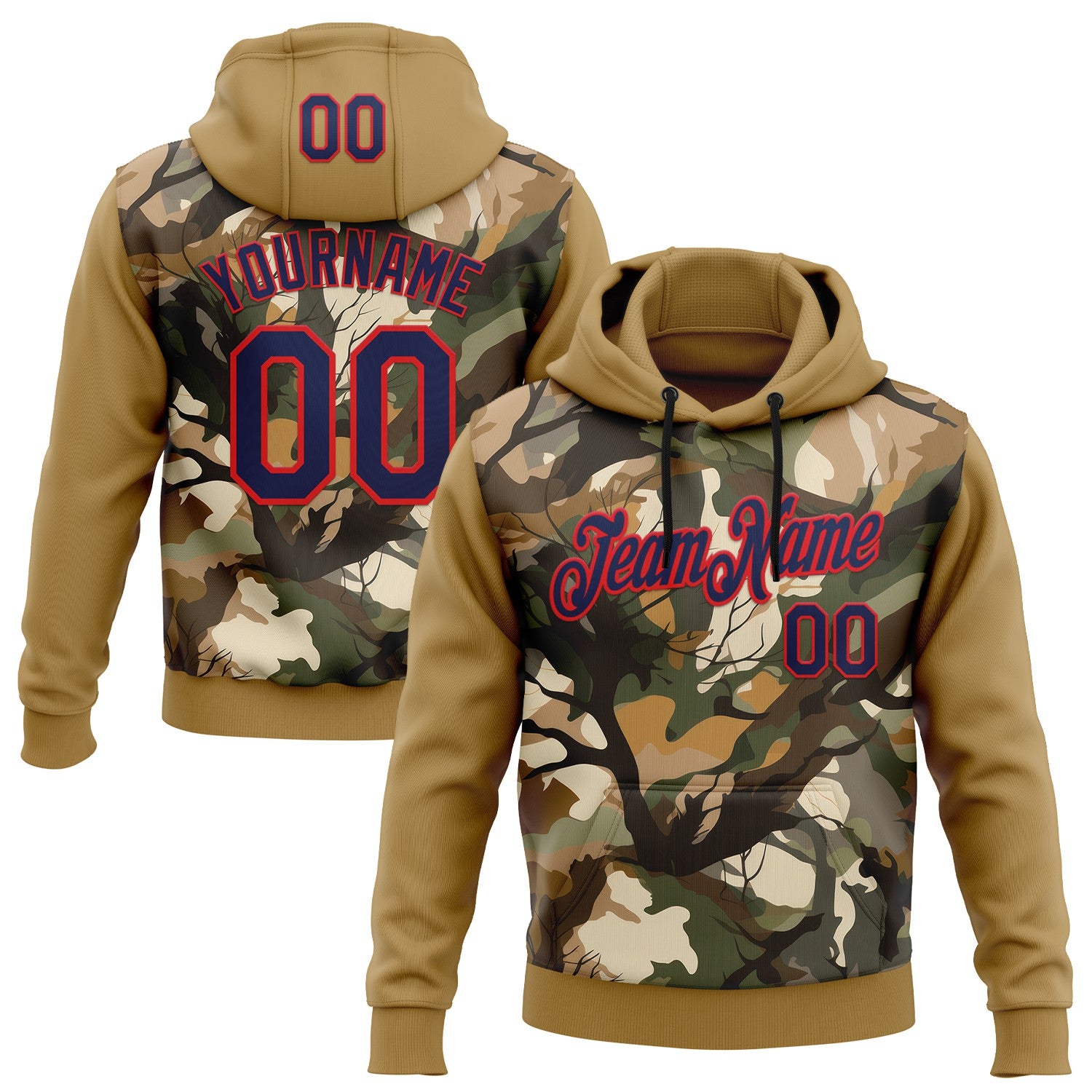 Custom Stitched Old Gold Navy-Fire Red 3D Pattern Design Tree Camo Hunting Sports Pullover Sweatshirt Hoodie