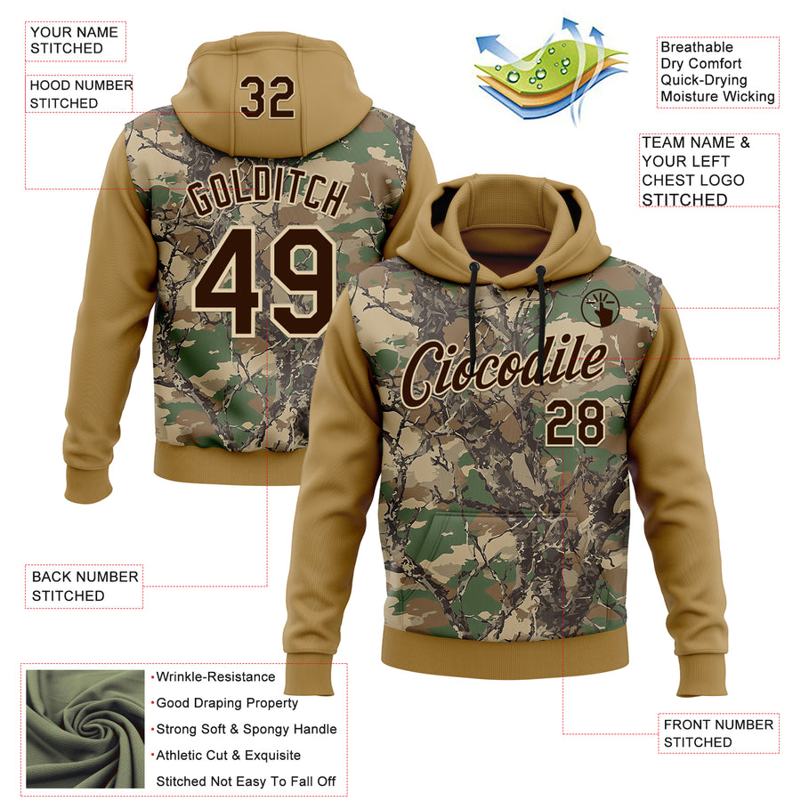 Custom Stitched Old Gold Brown-Cream 3D Pattern Design Tree Camo Hunting Sports Pullover Sweatshirt Hoodie