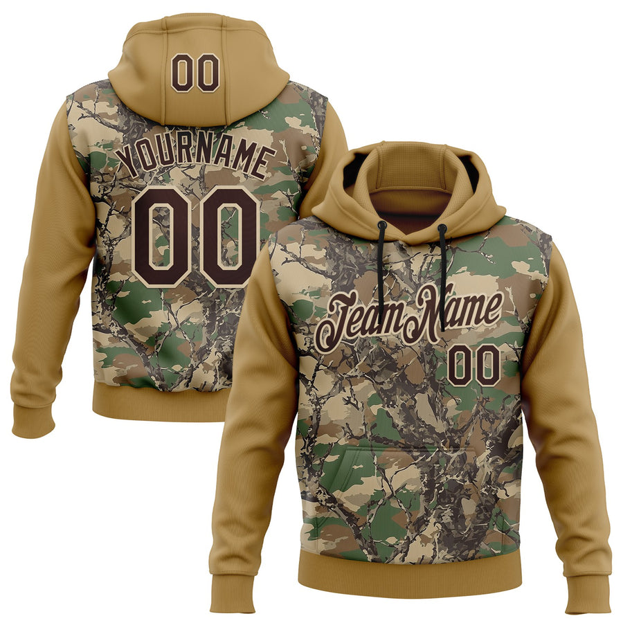 Custom Stitched Old Gold Brown-Cream 3D Pattern Design Tree Camo Hunting Sports Pullover Sweatshirt Hoodie