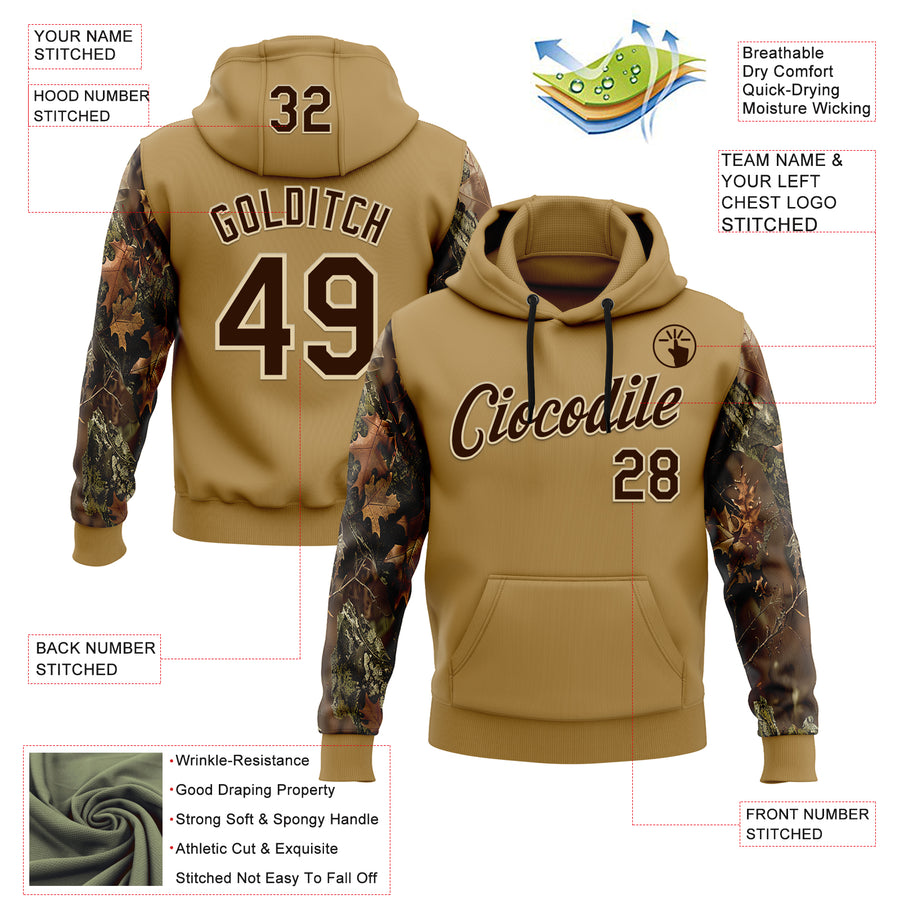 Custom Stitched Old Gold Brown-Cream 3D Pattern Design Tree Camo Hunting Sports Pullover Sweatshirt Hoodie