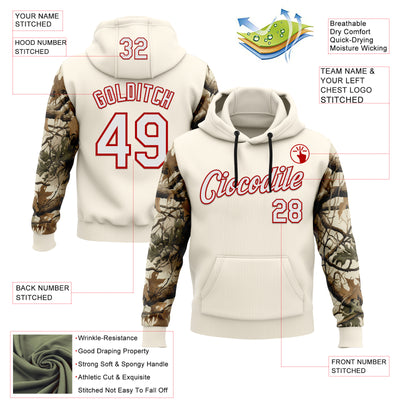 Custom Stitched Cream White-Red 3D Pattern Design Tree Camo Hunting Sports Pullover Sweatshirt Hoodie