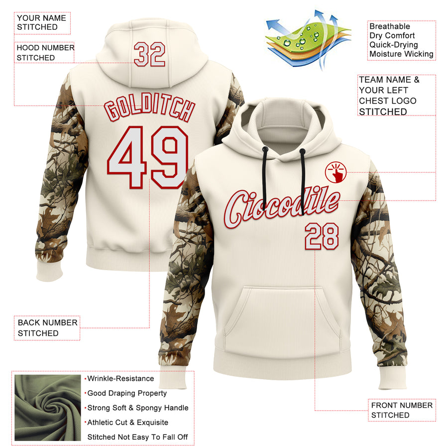 Custom Stitched Cream White-Red 3D Pattern Design Tree Camo Hunting Sports Pullover Sweatshirt Hoodie
