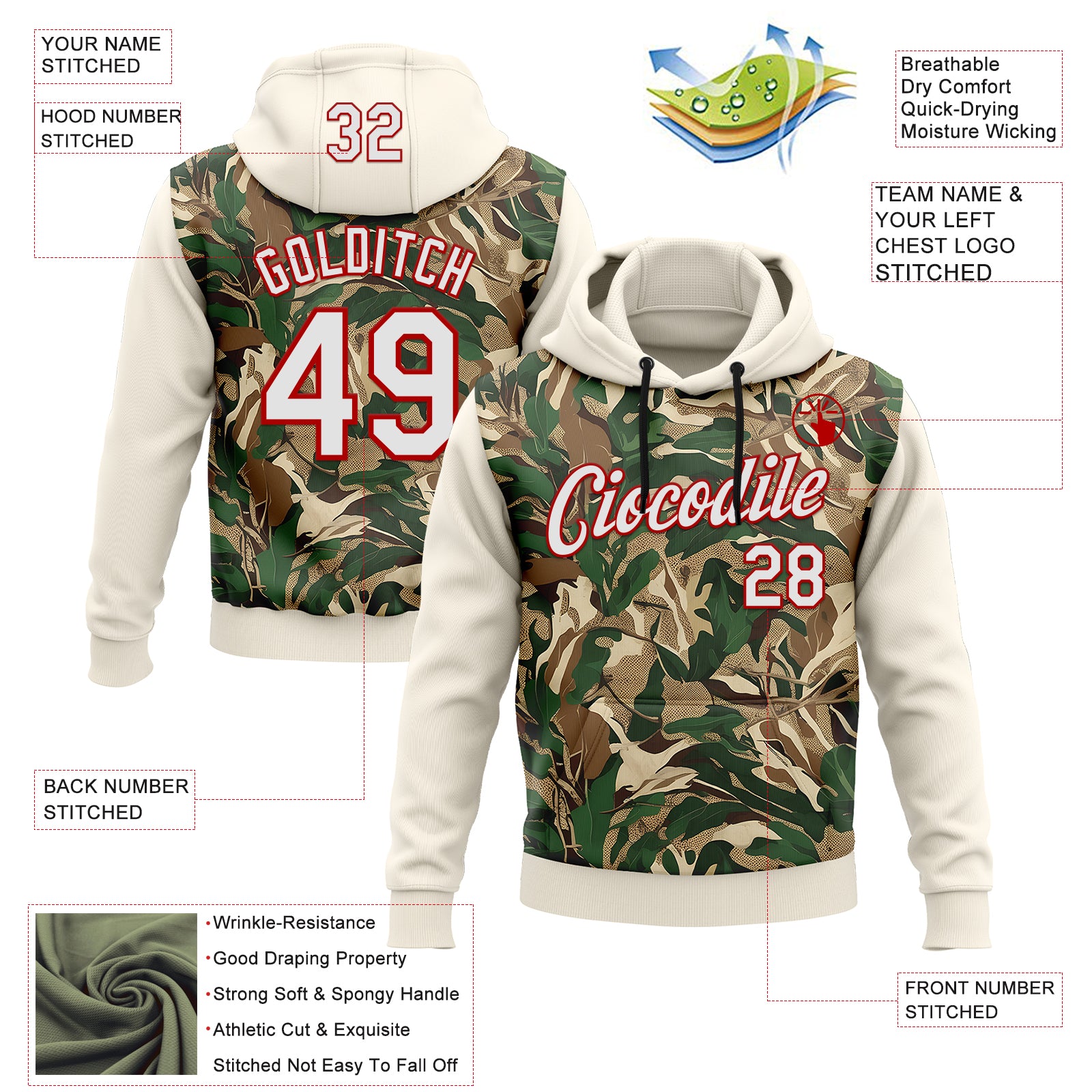 Custom Stitched Cream White-Red 3D Pattern Design Tree Camo Hunting Sports Pullover Sweatshirt Hoodie