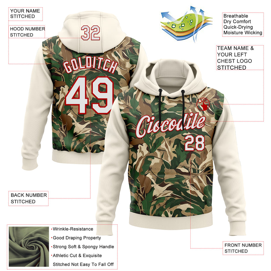 Custom Stitched Cream White-Red 3D Pattern Design Tree Camo Hunting Sports Pullover Sweatshirt Hoodie