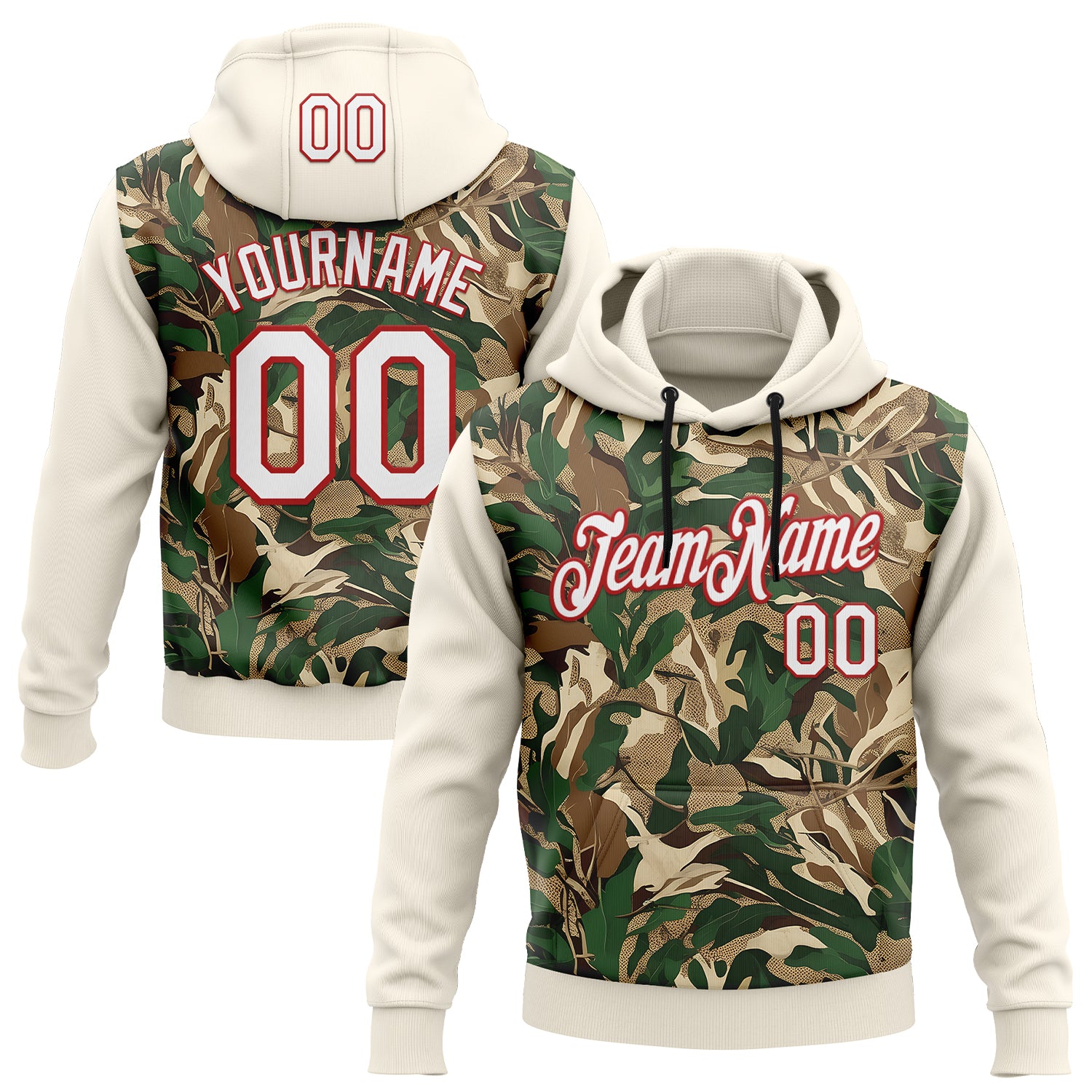 Custom Stitched Cream White-Red 3D Pattern Design Tree Camo Hunting Sports Pullover Sweatshirt Hoodie
