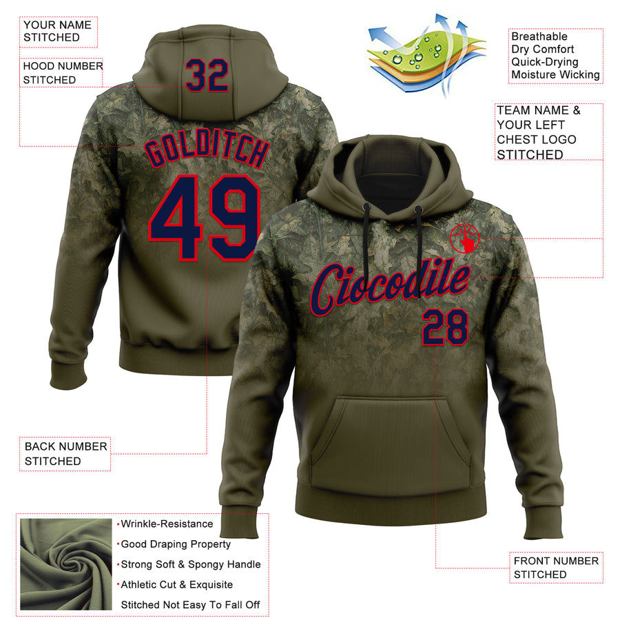 Custom Stitched Olive Navy-Fire Red 3D Pattern Design Tree Camo Gradient Hunting Sports Pullover Sweatshirt Salute To Service Hoodie