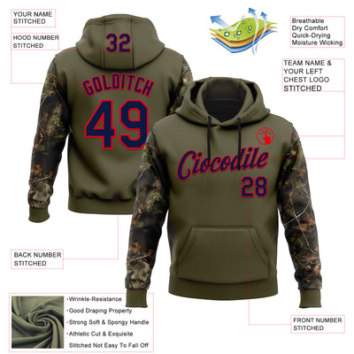 Custom Stitched Olive Navy-Fire Red 3D Pattern Design Tree Camo Hunting Sports Pullover Sweatshirt Salute To Service Hoodie