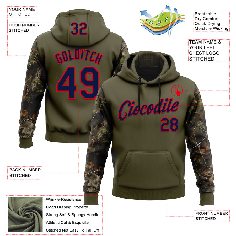 Custom Stitched Olive Navy-Fire Red 3D Pattern Design Tree Camo Hunting Sports Pullover Sweatshirt Salute To Service Hoodie