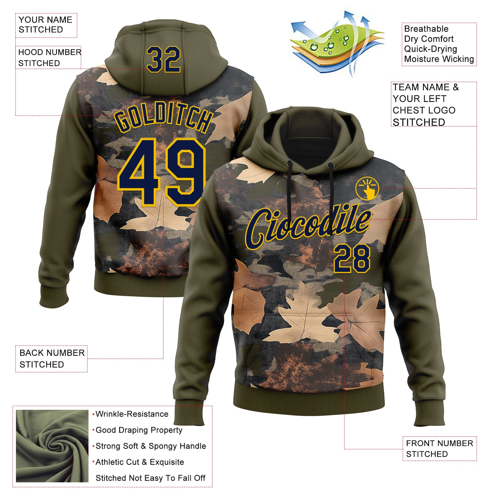Custom Stitched Olive Navy-Yellow 3D Pattern Design Tree Camo Hunting Sports Pullover Sweatshirt Salute To Service Hoodie