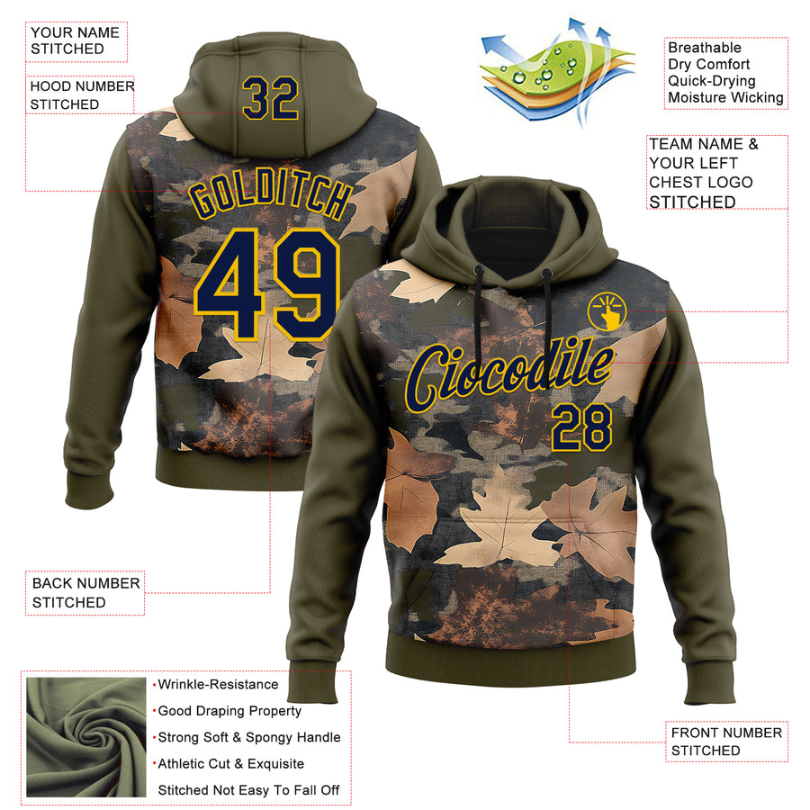 Custom Stitched Olive Navy-Yellow 3D Pattern Design Tree Camo Hunting Sports Pullover Sweatshirt Salute To Service Hoodie
