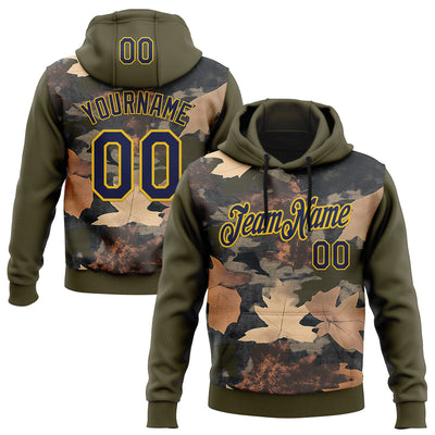 Custom Stitched Olive Navy-Yellow 3D Pattern Design Tree Camo Hunting Sports Pullover Sweatshirt Salute To Service Hoodie
