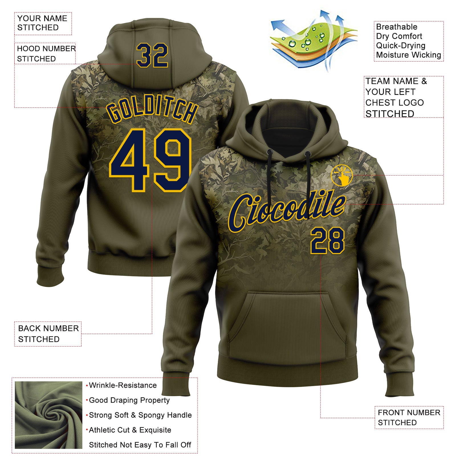 Custom Stitched Olive Navy-Yellow 3D Pattern Design Tree Camo Gradient Hunting Sports Pullover Sweatshirt Salute To Service Hoodie