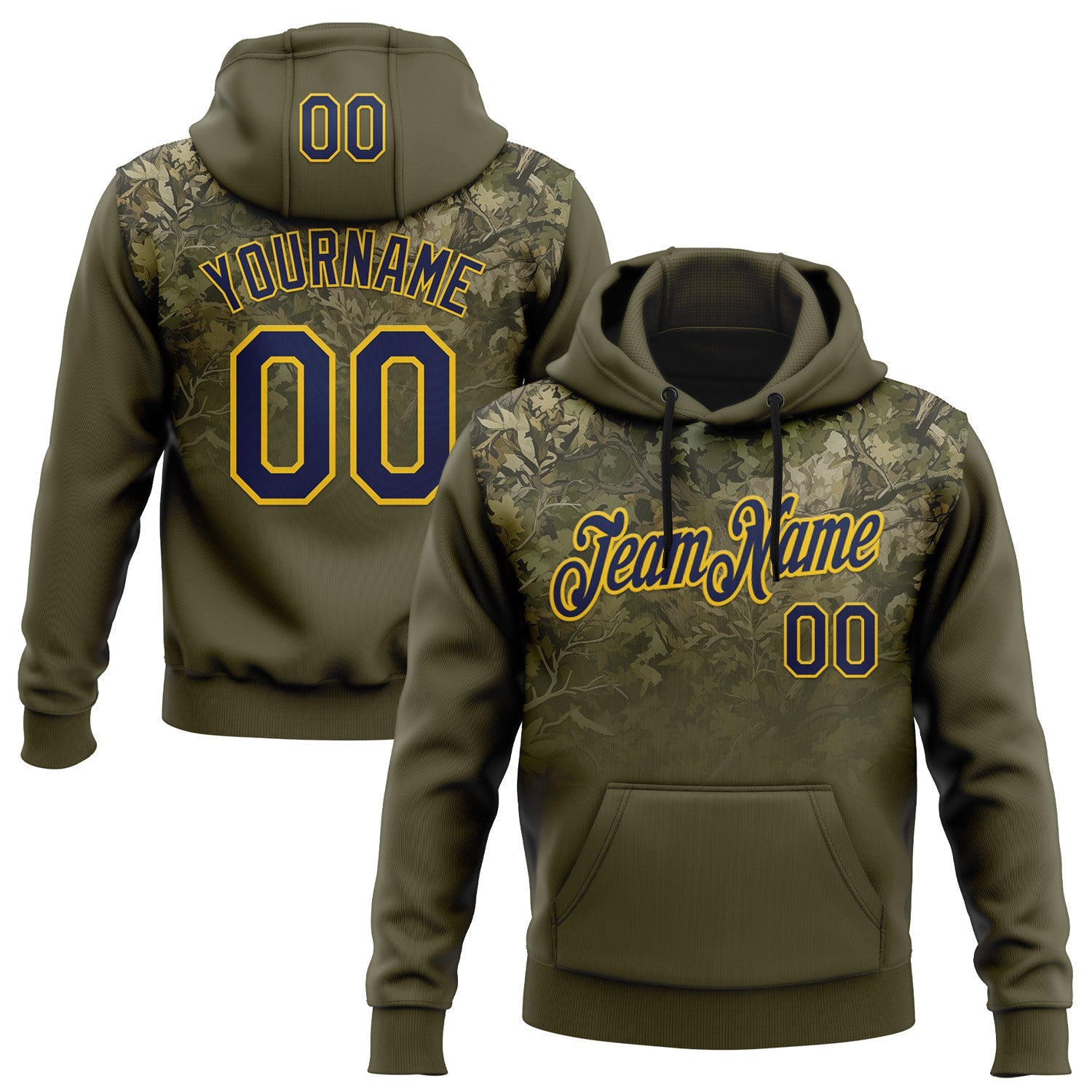 Custom Stitched Olive Navy-Yellow 3D Pattern Design Tree Camo Gradient Hunting Sports Pullover Sweatshirt Salute To Service Hoodie