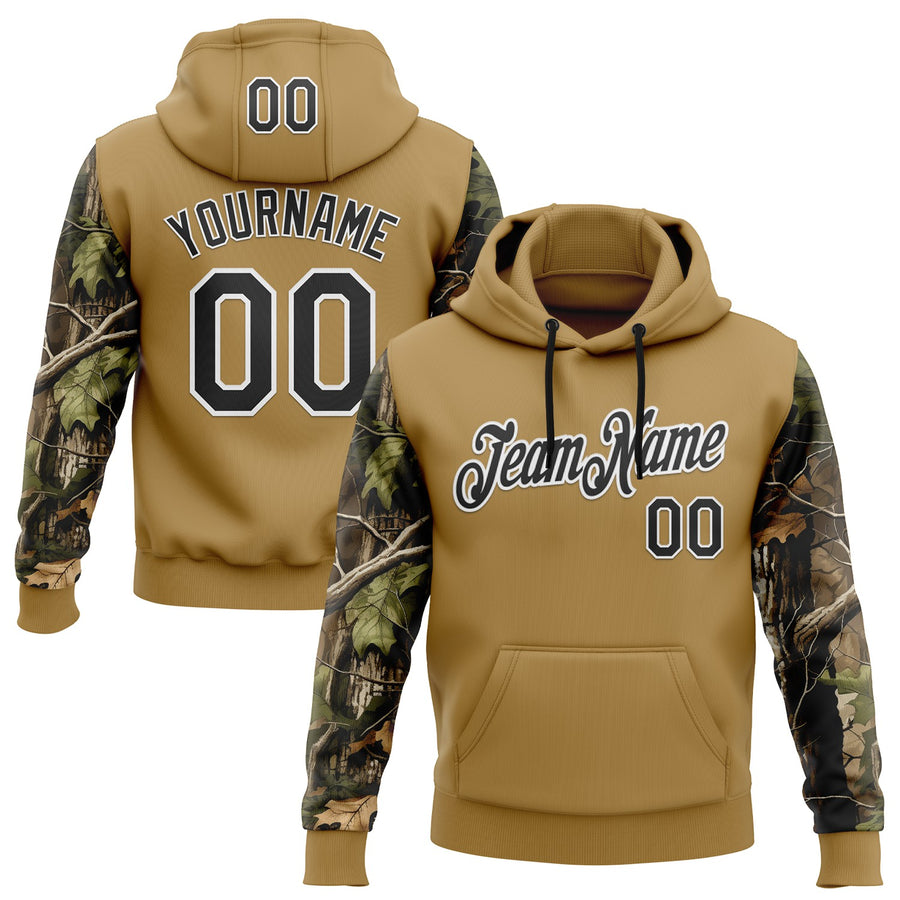 Custom Stitched Old Gold Black-White 3D Pattern Design Tree Camo Hunting Sports Pullover Sweatshirt Hoodie