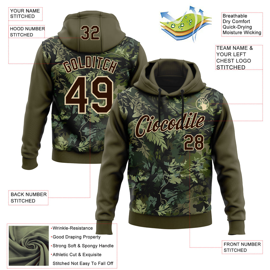Custom Stitched Olive Brown-Cream 3D Pattern Design Tree Camo Hunting Sports Pullover Sweatshirt Salute To Service Hoodie