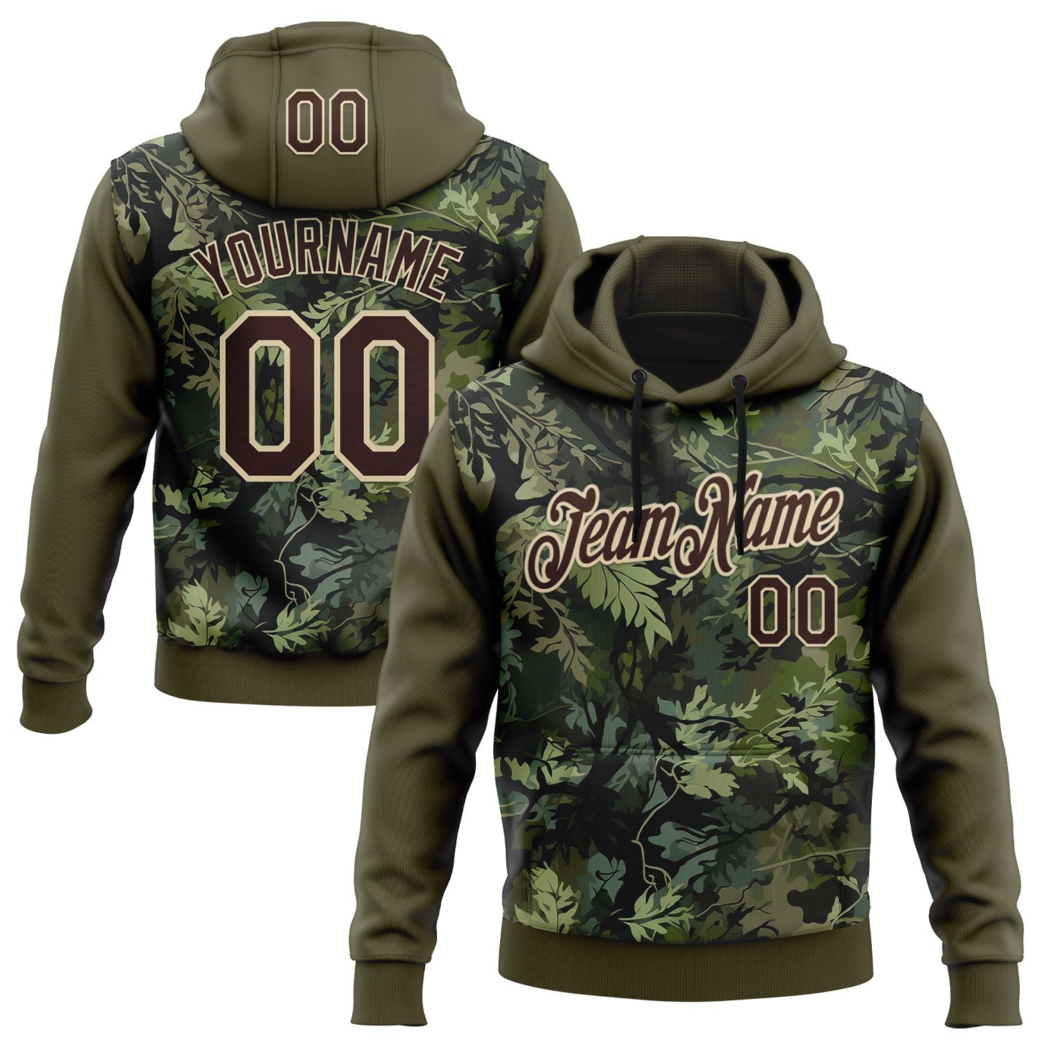 Custom Stitched Olive Brown-Cream 3D Pattern Design Tree Camo Hunting Sports Pullover Sweatshirt Salute To Service Hoodie