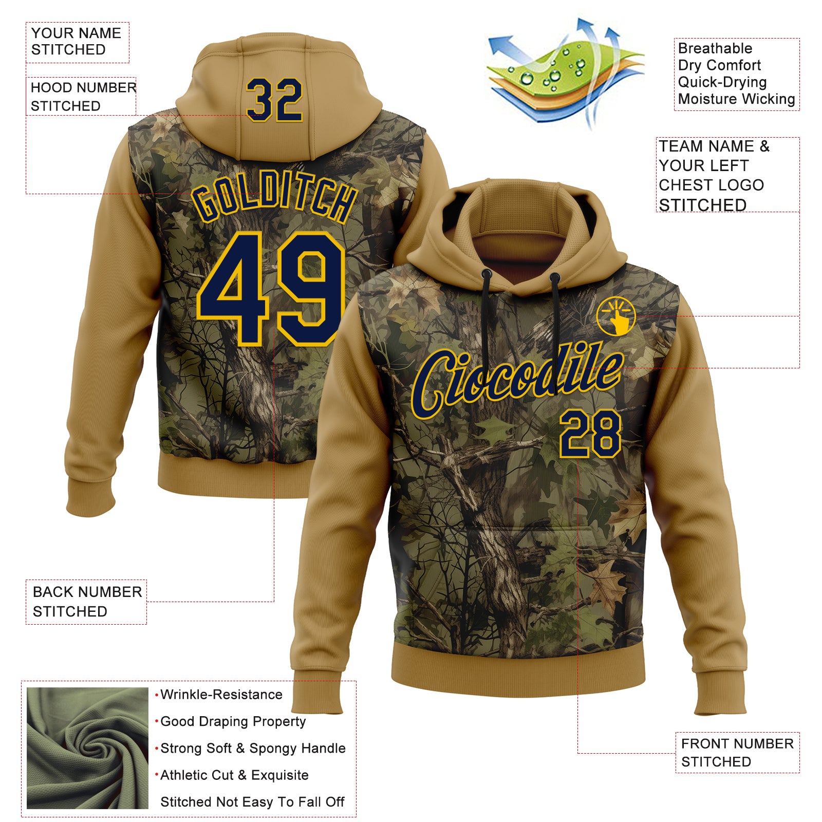 Custom Stitched Old Gold Navy-Yellow 3D Pattern Design Tree Camo Hunting Sports Pullover Sweatshirt Hoodie