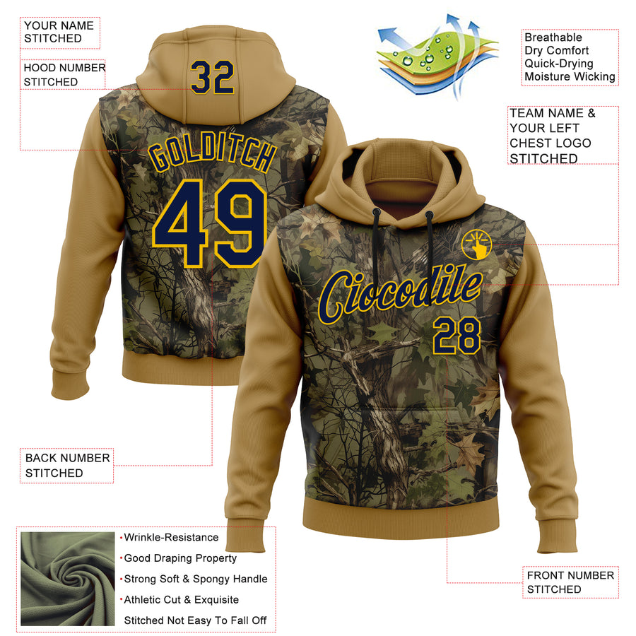 Custom Stitched Old Gold Navy-Yellow 3D Pattern Design Tree Camo Hunting Sports Pullover Sweatshirt Hoodie