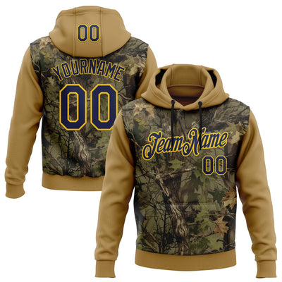 Custom Stitched Old Gold Navy-Yellow 3D Pattern Design Tree Camo Hunting Sports Pullover Sweatshirt Hoodie