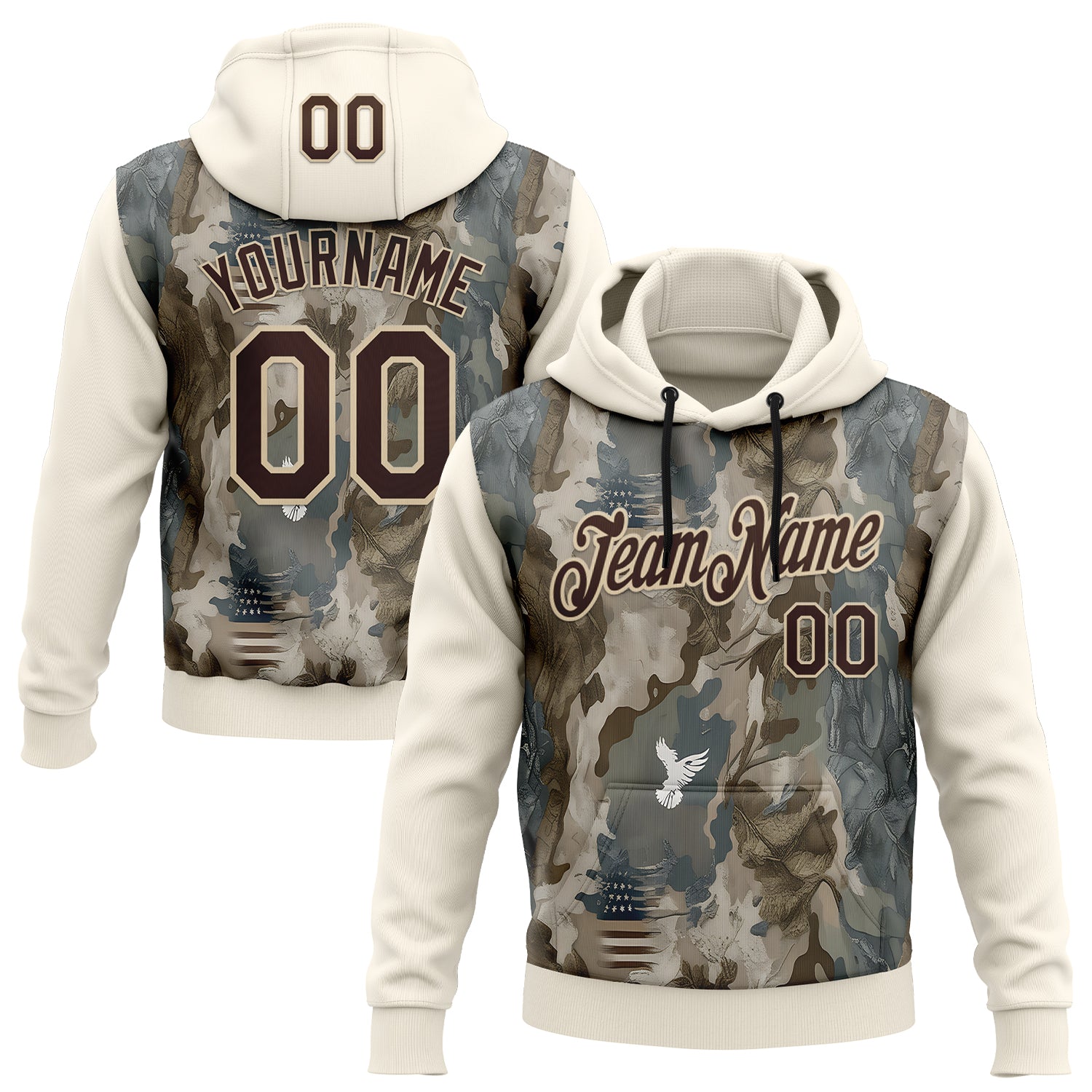 Custom Stitched Cream Brown-Cream 3D Pattern Design Tree Camo Hunting Sports Pullover Sweatshirt Hoodie