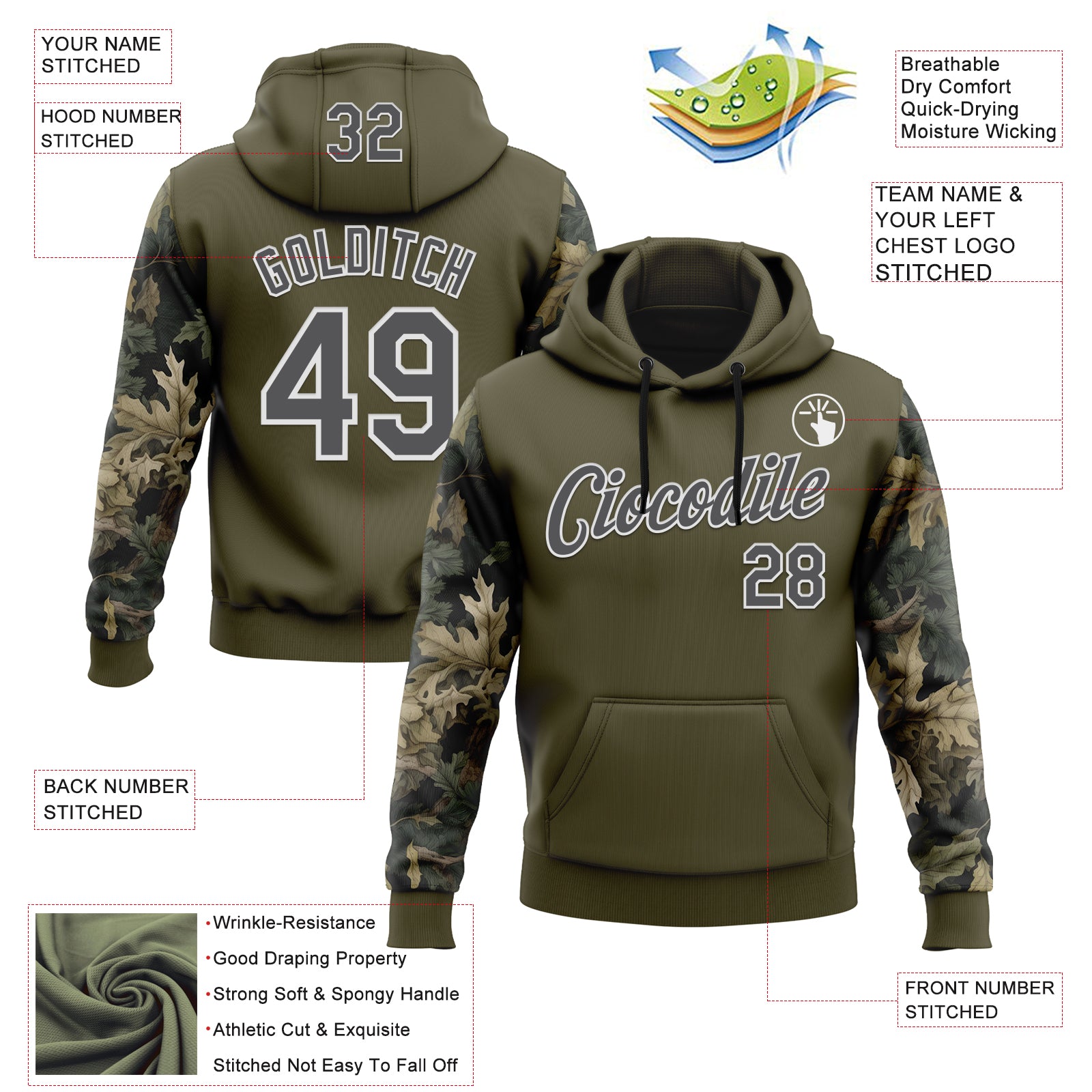 Custom Stitched Olive Steel Gray-White 3D Pattern Design Tree Camo Hunting Sports Pullover Sweatshirt Salute To Service Hoodie