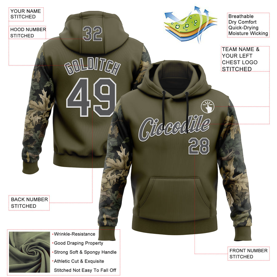 Custom Stitched Olive Steel Gray-White 3D Pattern Design Tree Camo Hunting Sports Pullover Sweatshirt Salute To Service Hoodie
