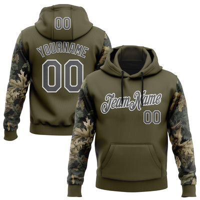 Custom Stitched Olive Steel Gray-White 3D Pattern Design Tree Camo Hunting Sports Pullover Sweatshirt Salute To Service Hoodie