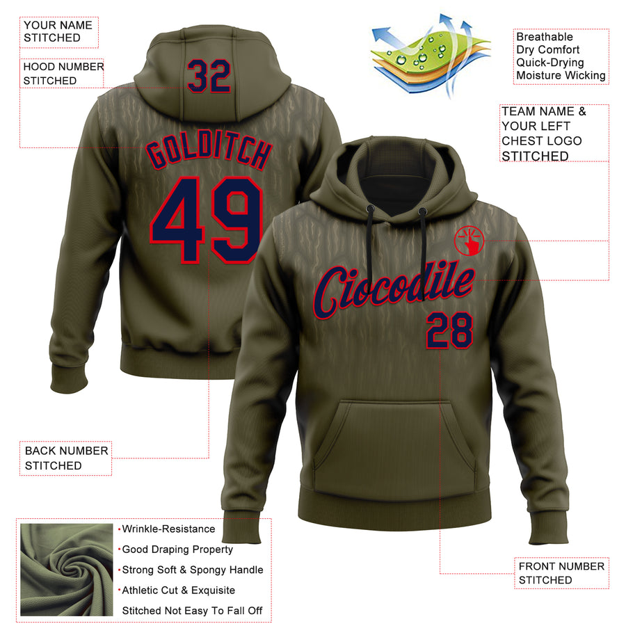 Custom Stitched Olive Navy-Fire Red 3D Pattern Design Tree Camo Gradient Hunting Sports Pullover Sweatshirt Salute To Service Hoodie