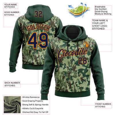 Custom Stitched Green Navy-Bay Orange 3D Pattern Design Tree Camo Hunting Sports Pullover Sweatshirt Hoodie