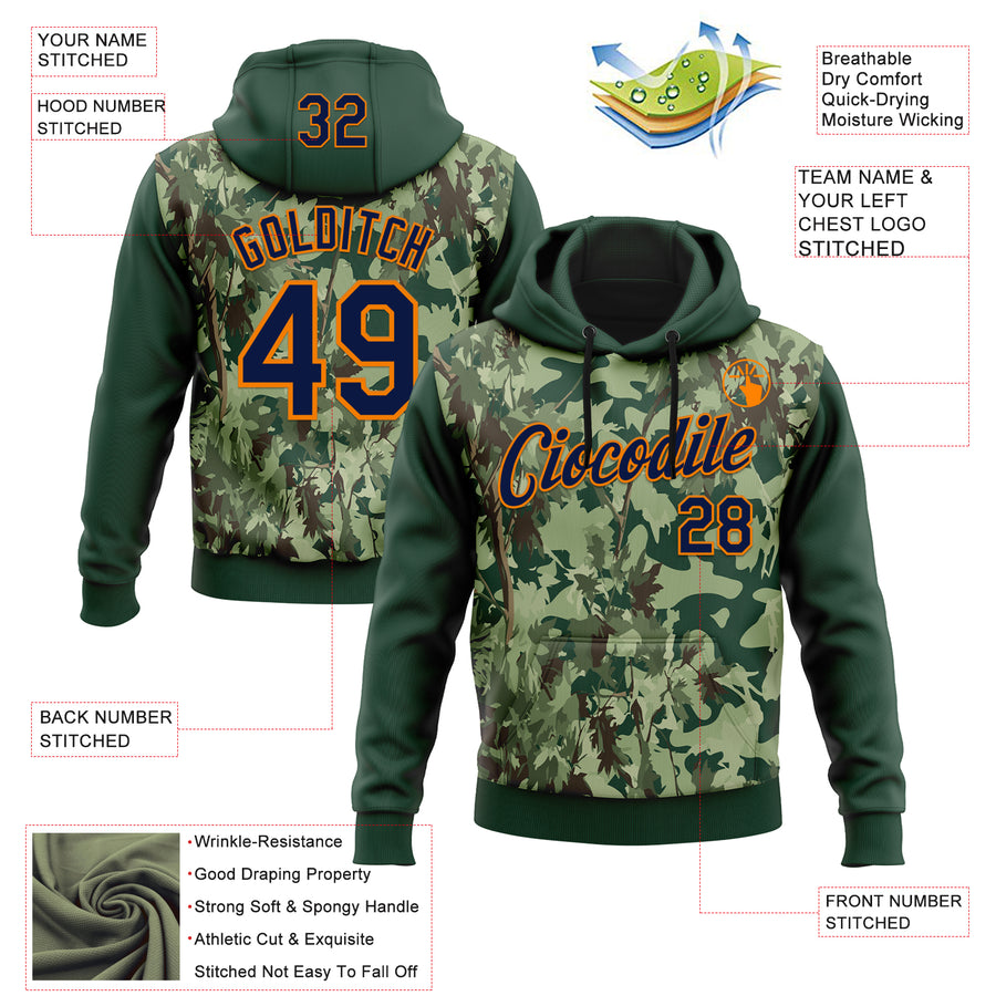 Custom Stitched Green Navy-Bay Orange 3D Pattern Design Tree Camo Hunting Sports Pullover Sweatshirt Hoodie