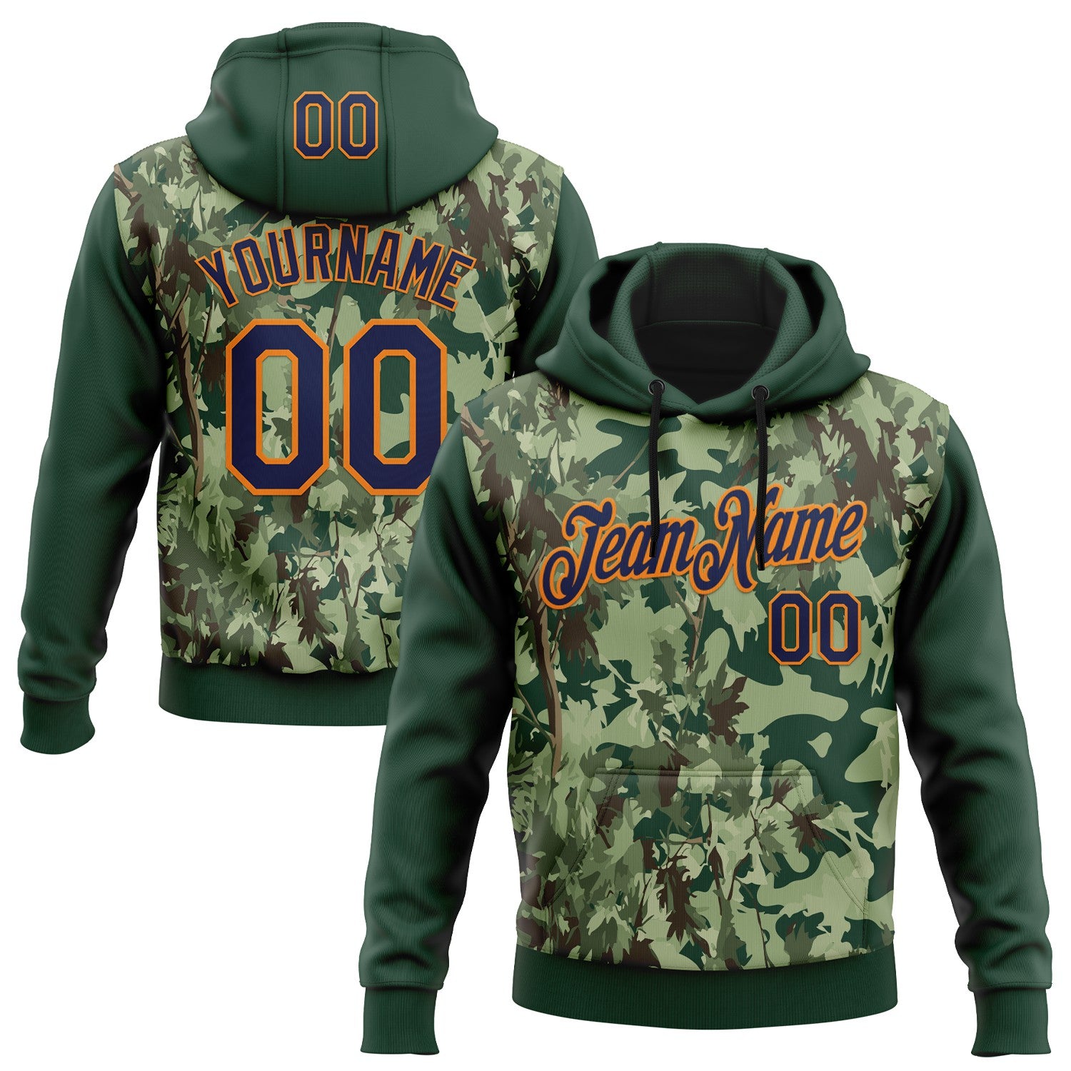 Custom Stitched Green Navy-Bay Orange 3D Pattern Design Tree Camo Hunting Sports Pullover Sweatshirt Hoodie