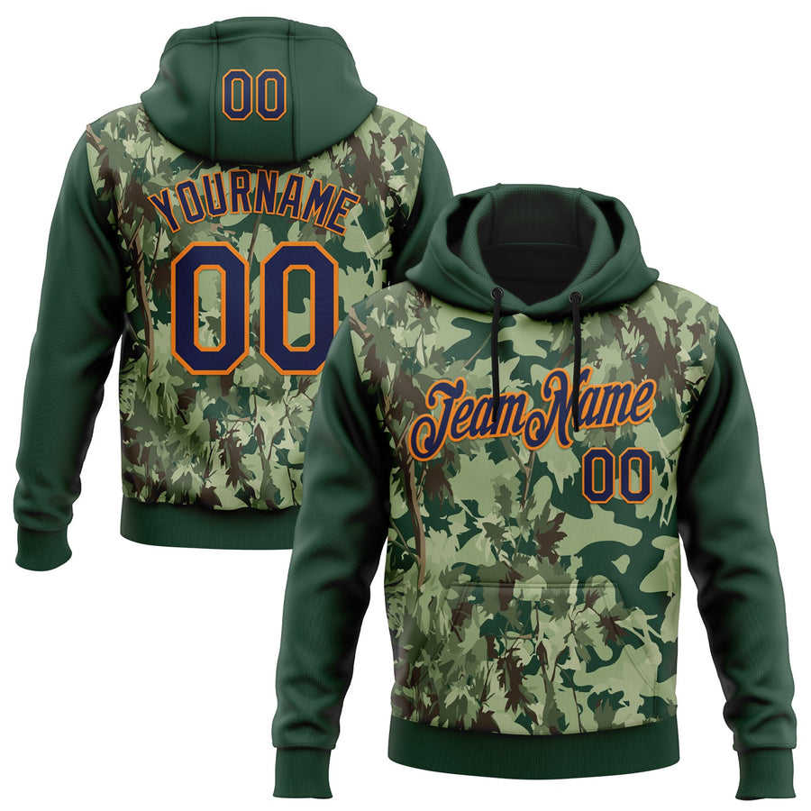Custom Stitched Green Navy-Bay Orange 3D Pattern Design Tree Camo Hunting Sports Pullover Sweatshirt Hoodie