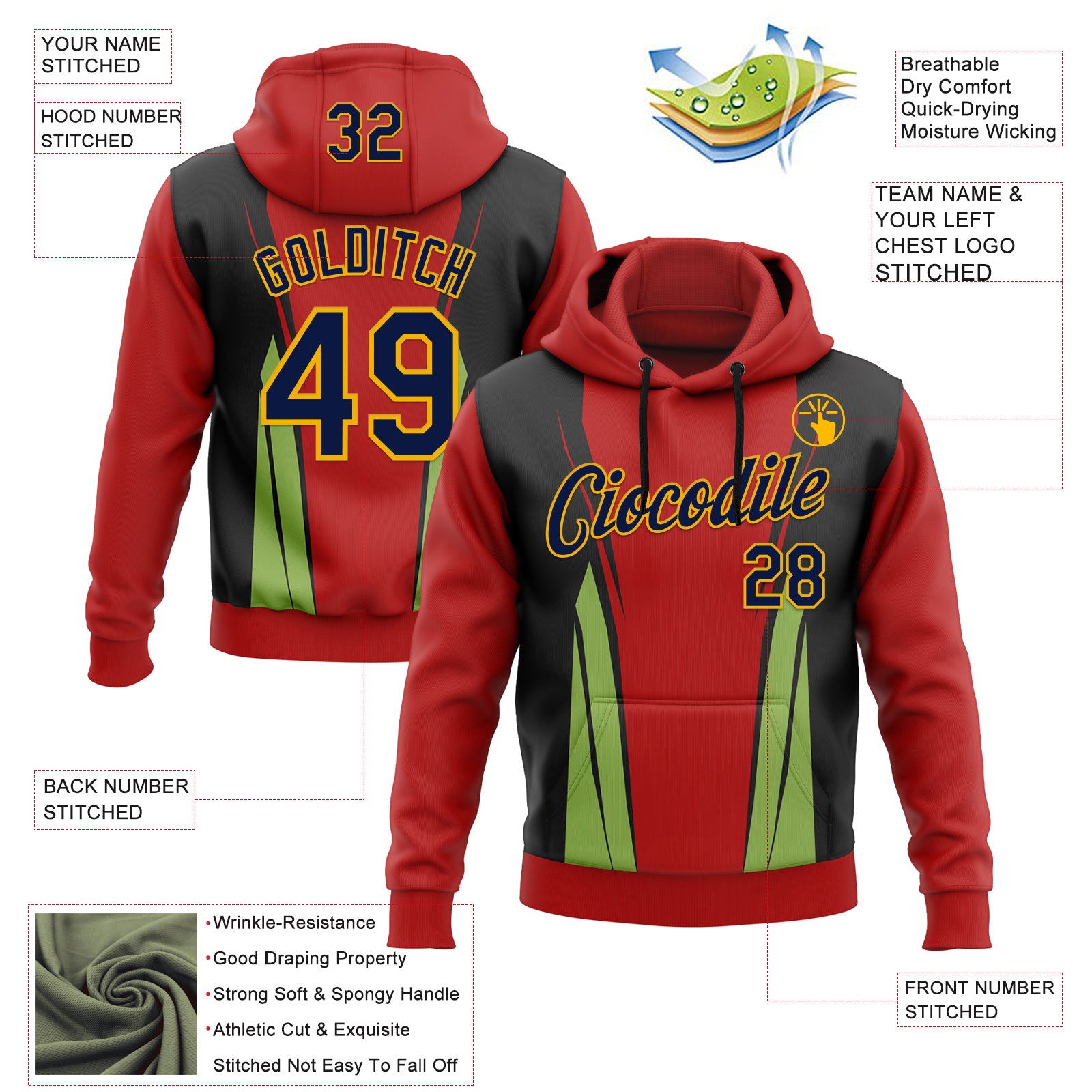 Custom Stitched Red Navy Black Green-Gold 3D Pattern Design Sportswear Pullover Sweatshirt Hoodie