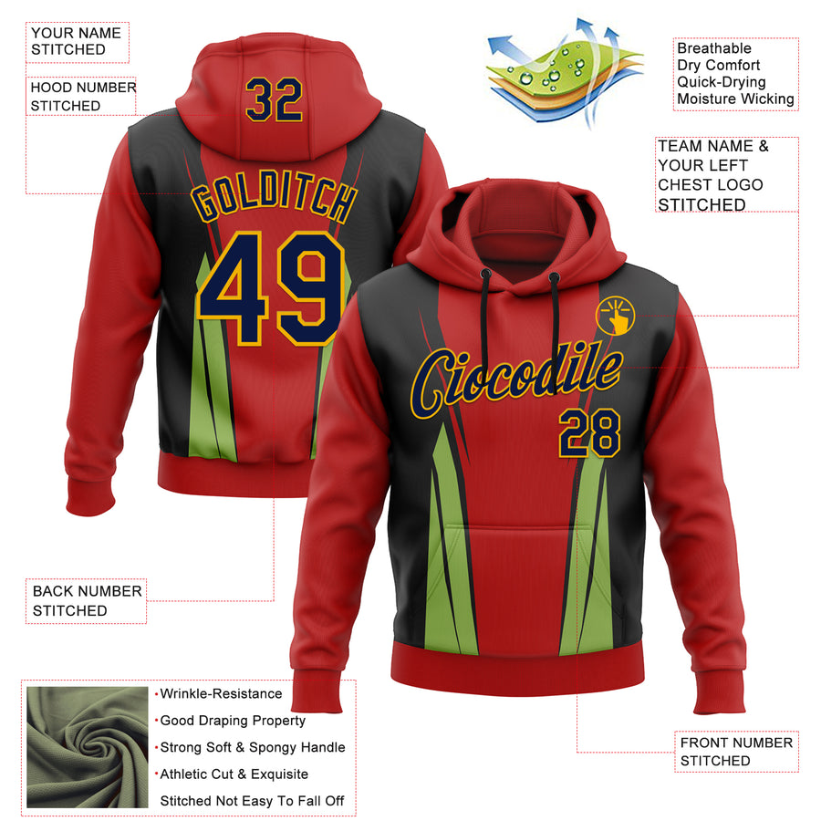 Custom Stitched Red Navy Black Green-Gold 3D Pattern Design Sportswear Pullover Sweatshirt Hoodie